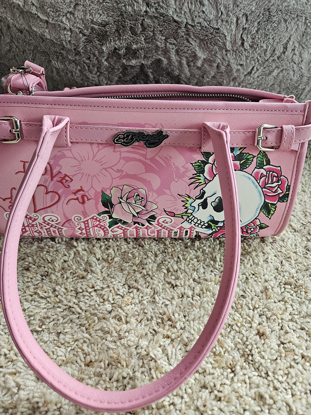 Ed Hardy Pink Floral Skull Tote Bag